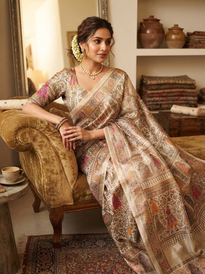 Premium Rajwadi Pashmina Silk Weaving Saree with Kashmiri Thread Woven Pallu &amp; Zari Border-OFF WHITE
