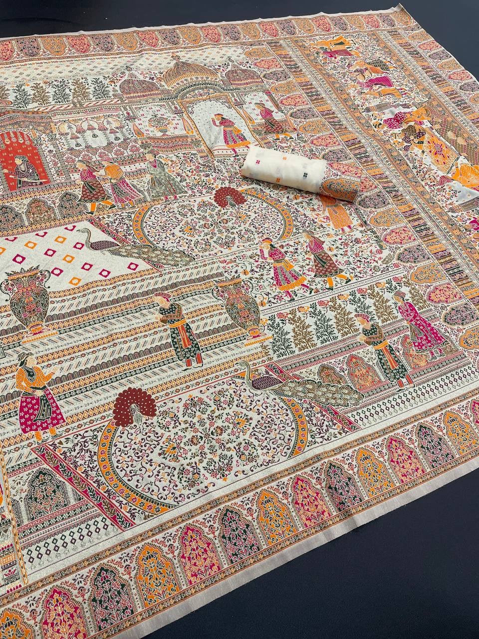 Royal Kashmiri Rajwadi Pashmina Weaving Silk Saree-WHITE
