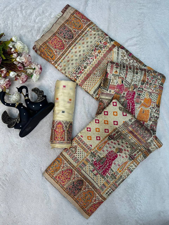 Royal Kashmiri Rajwadi Pashmina Weaving Silk Saree-WHITE