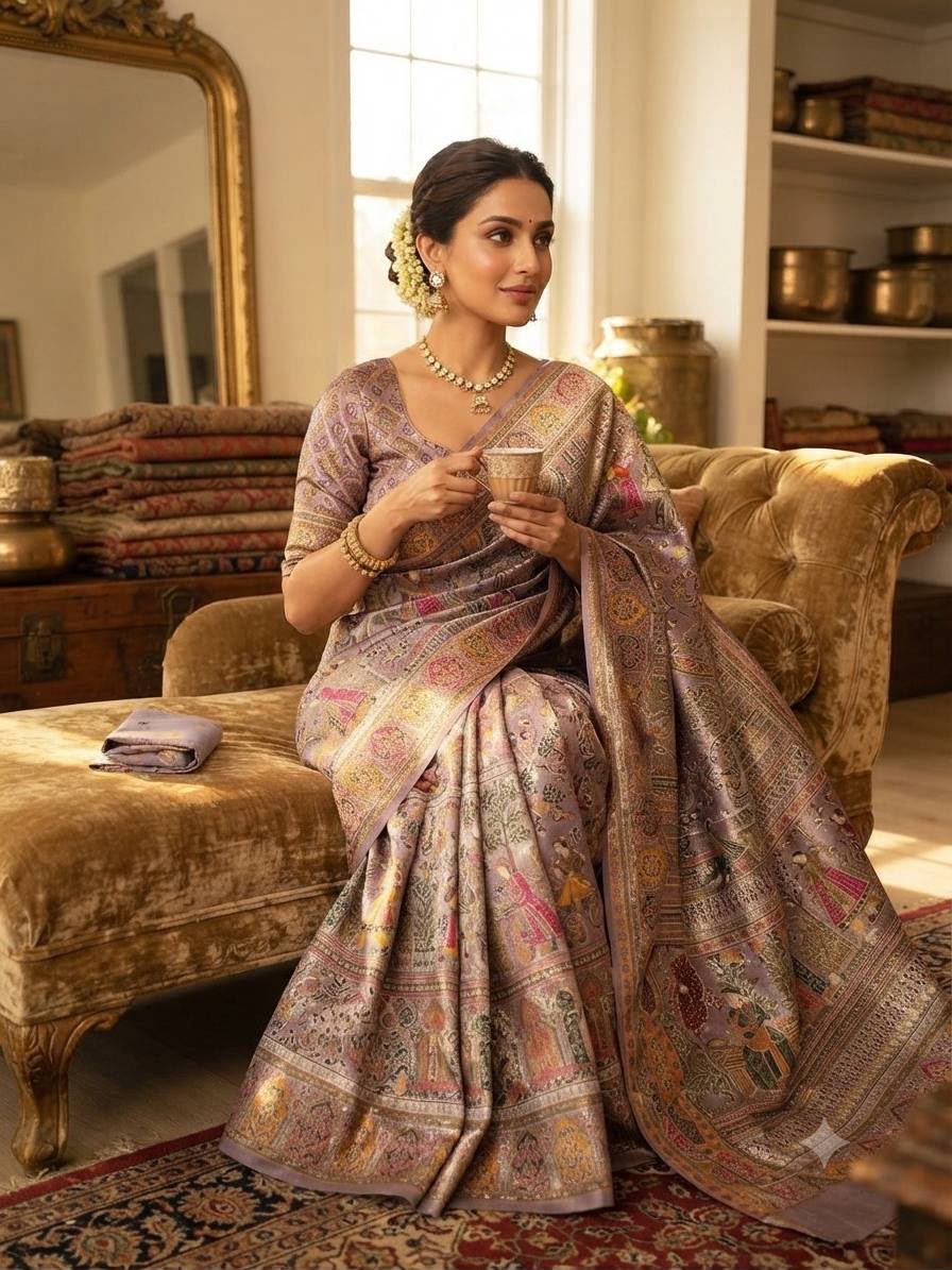 Premium Rajwadi Pashmina Silk Weaving Saree with Kashmiri Thread Woven Pallu &amp; Zari Border- LAVENDER