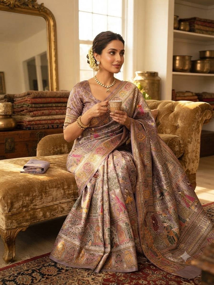 Premium Rajwadi Pashmina Silk Weaving Saree with Kashmiri Thread Woven Pallu &amp; Zari Border- LAVENDER