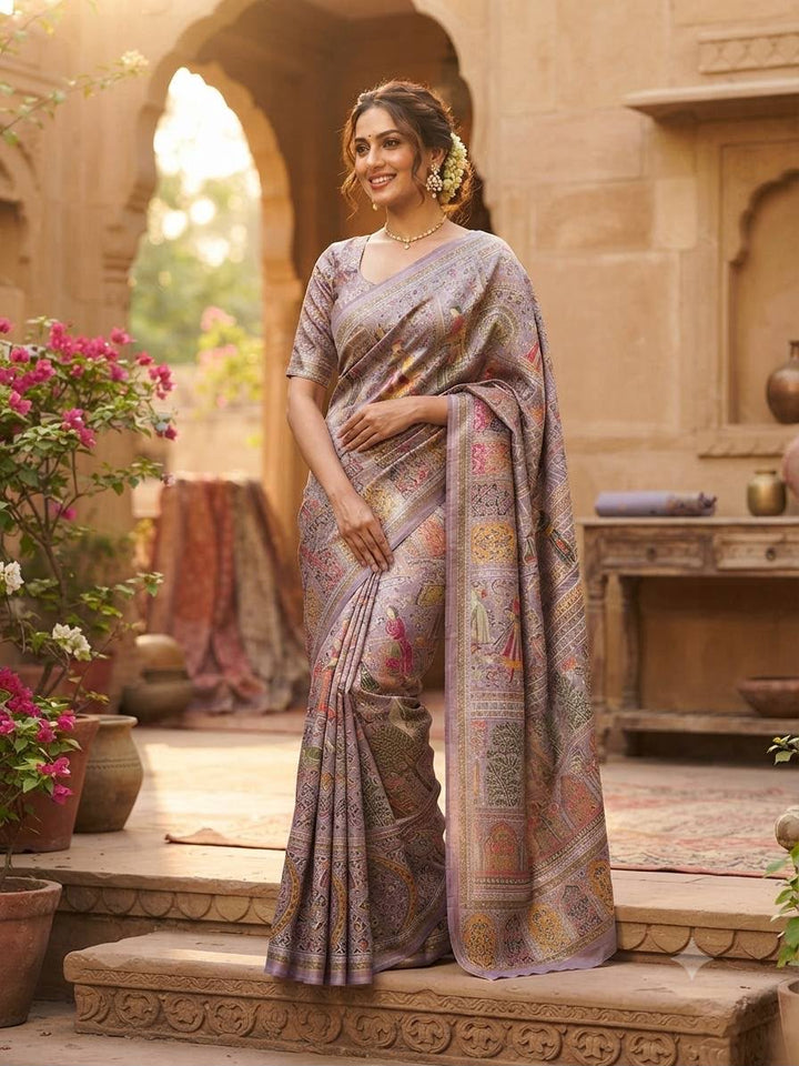 Premium Rajwadi Pashmina Silk Weaving Saree with Kashmiri Thread Woven Pallu &amp; Zari Border- LAVENDER