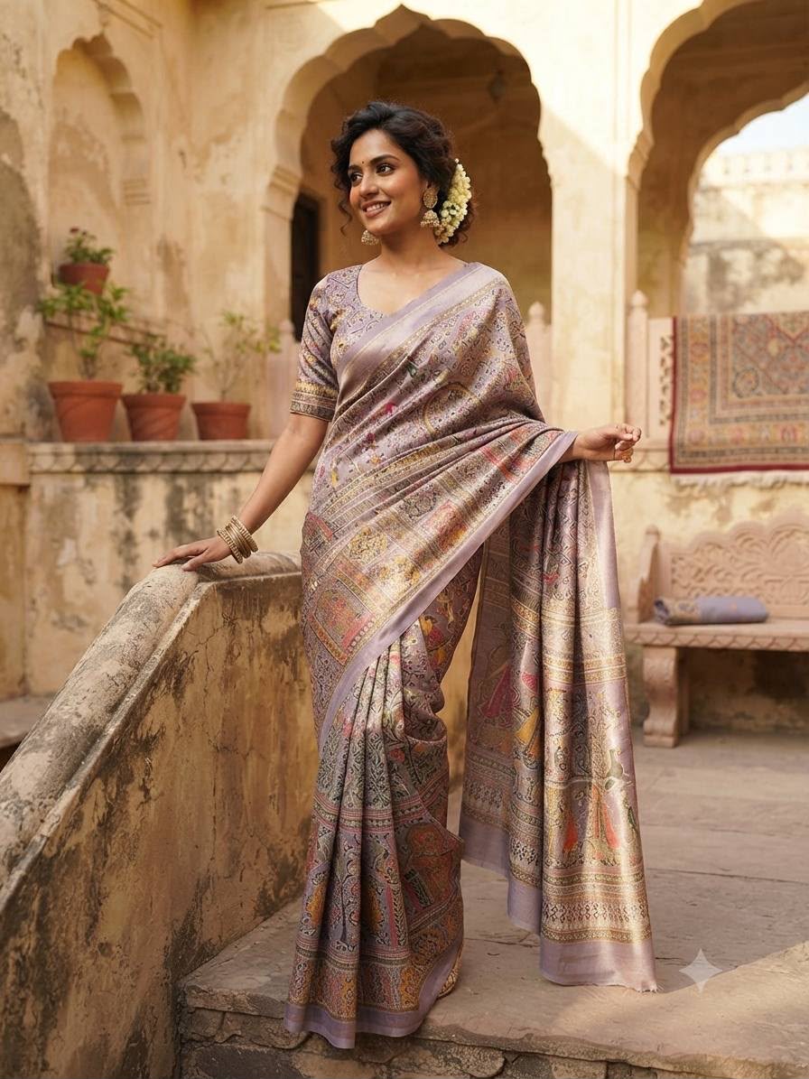 Premium Rajwadi Pashmina Silk Weaving Saree with Kashmiri Thread Woven Pallu &amp; Zari Border- LAVENDER