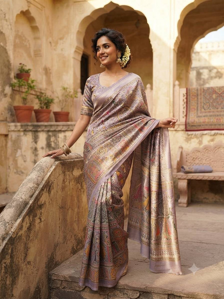 Premium Rajwadi Pashmina Silk Weaving Saree with Kashmiri Thread Woven Pallu &amp; Zari Border- LAVENDER