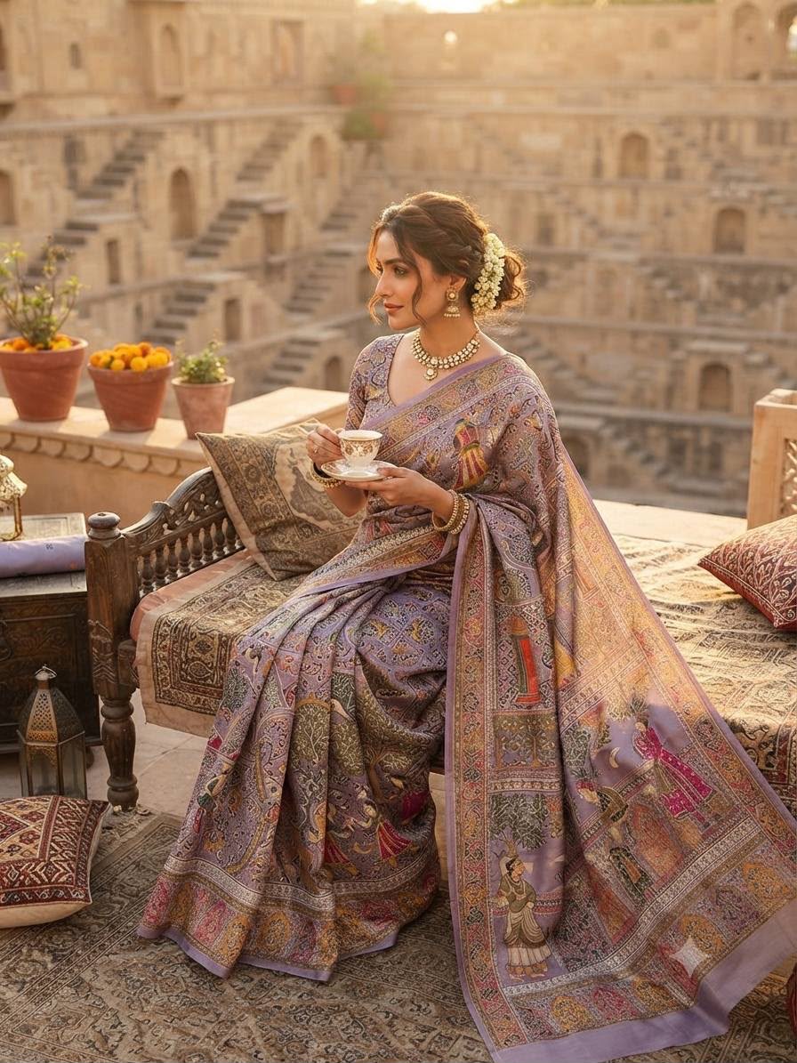 Premium Rajwadi Pashmina Silk Weaving Saree with Kashmiri Thread Woven Pallu &amp; Zari Border- LAVENDER