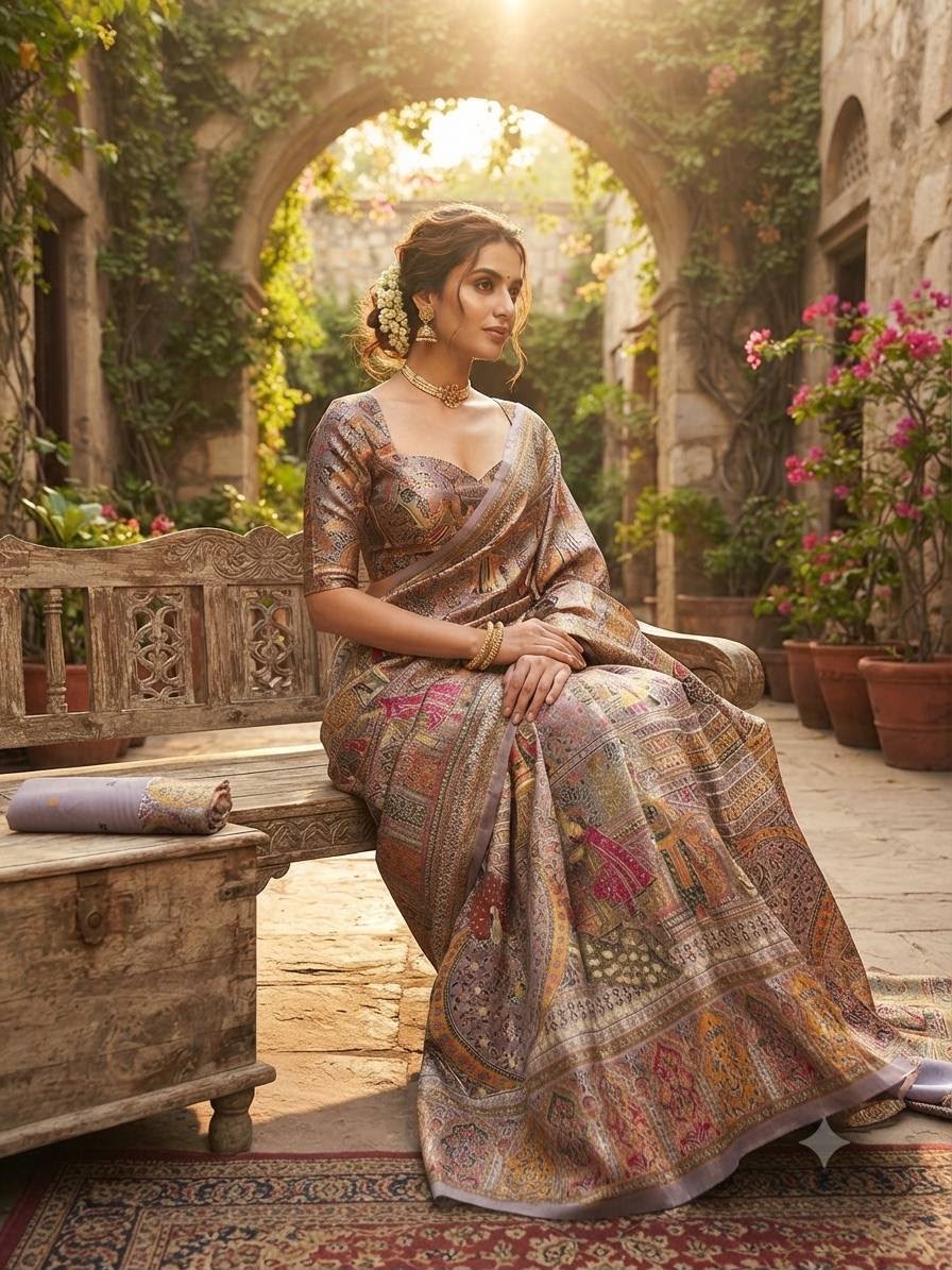Premium Rajwadi Pashmina Silk Weaving Saree with Kashmiri Thread Woven Pallu &amp; Zari Border- LAVENDER