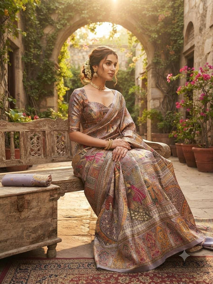 Premium Rajwadi Pashmina Silk Weaving Saree with Kashmiri Thread Woven Pallu &amp; Zari Border- LAVENDER