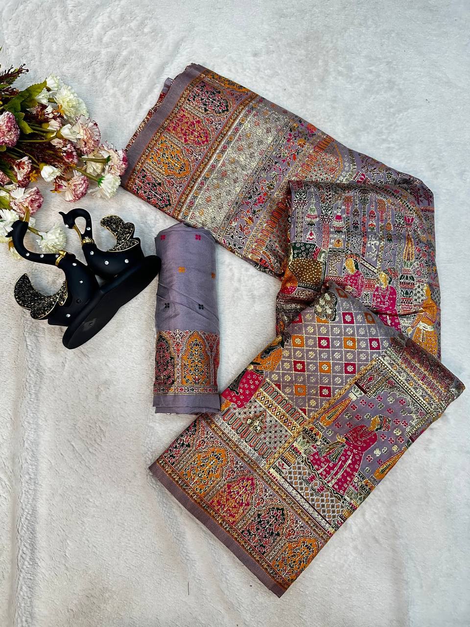 Royal Kashmiri Rajwadi Pashmina Weaving Silk Saree-SMOKY LAVVENDER