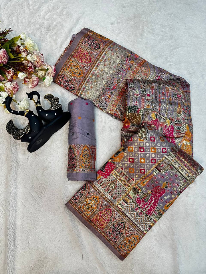 Royal Kashmiri Rajwadi Pashmina Weaving Silk Saree-SMOKY LAVVENDER