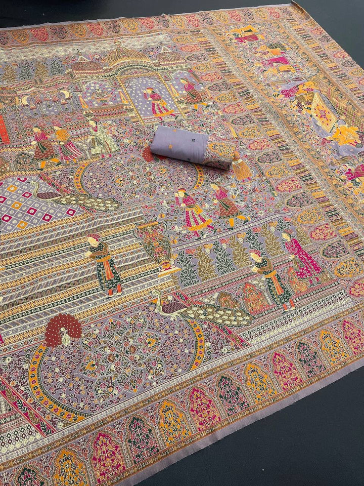 Royal Kashmiri Rajwadi Pashmina Weaving Silk Saree-SMOKY LAVVENDER