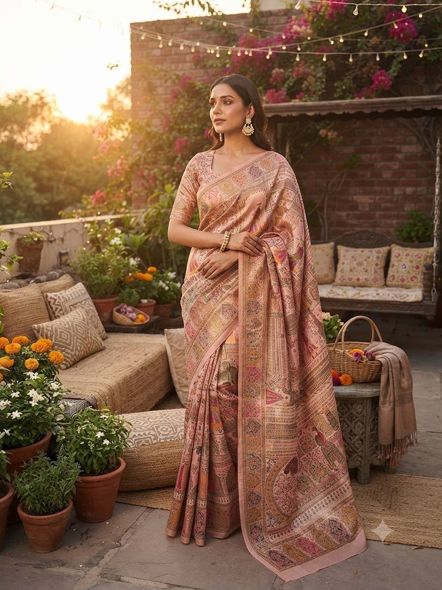 Premium Rajwadi Pashmina Silk Weaving Saree with Kashmiri Thread Woven Pallu &amp; Zari Border-PEACH