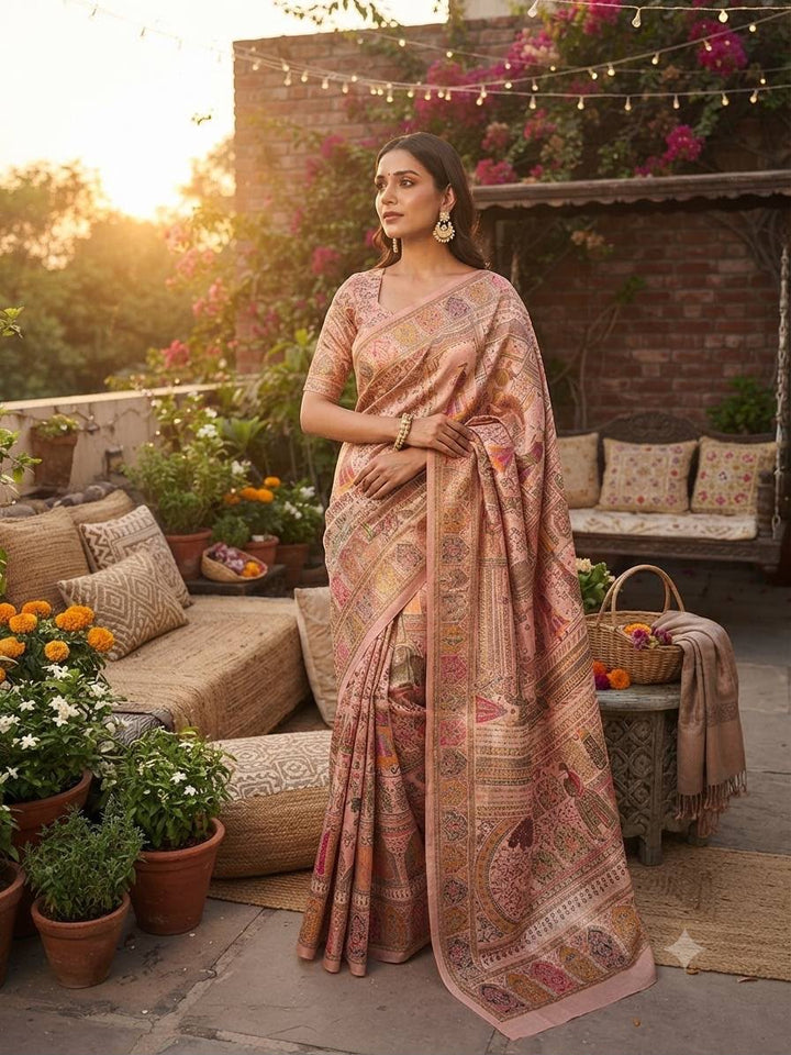 Premium Rajwadi Pashmina Silk Weaving Saree with Kashmiri Thread Woven Pallu &amp; Zari Border-PEACH