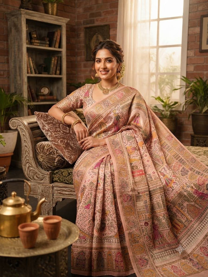 Premium Rajwadi Pashmina Silk Weaving Saree with Kashmiri Thread Woven Pallu &amp; Zari Border-PEACH