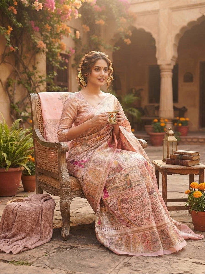 Premium Rajwadi Pashmina Silk Weaving Saree with Kashmiri Thread Woven Pallu &amp; Zari Border-PEACH