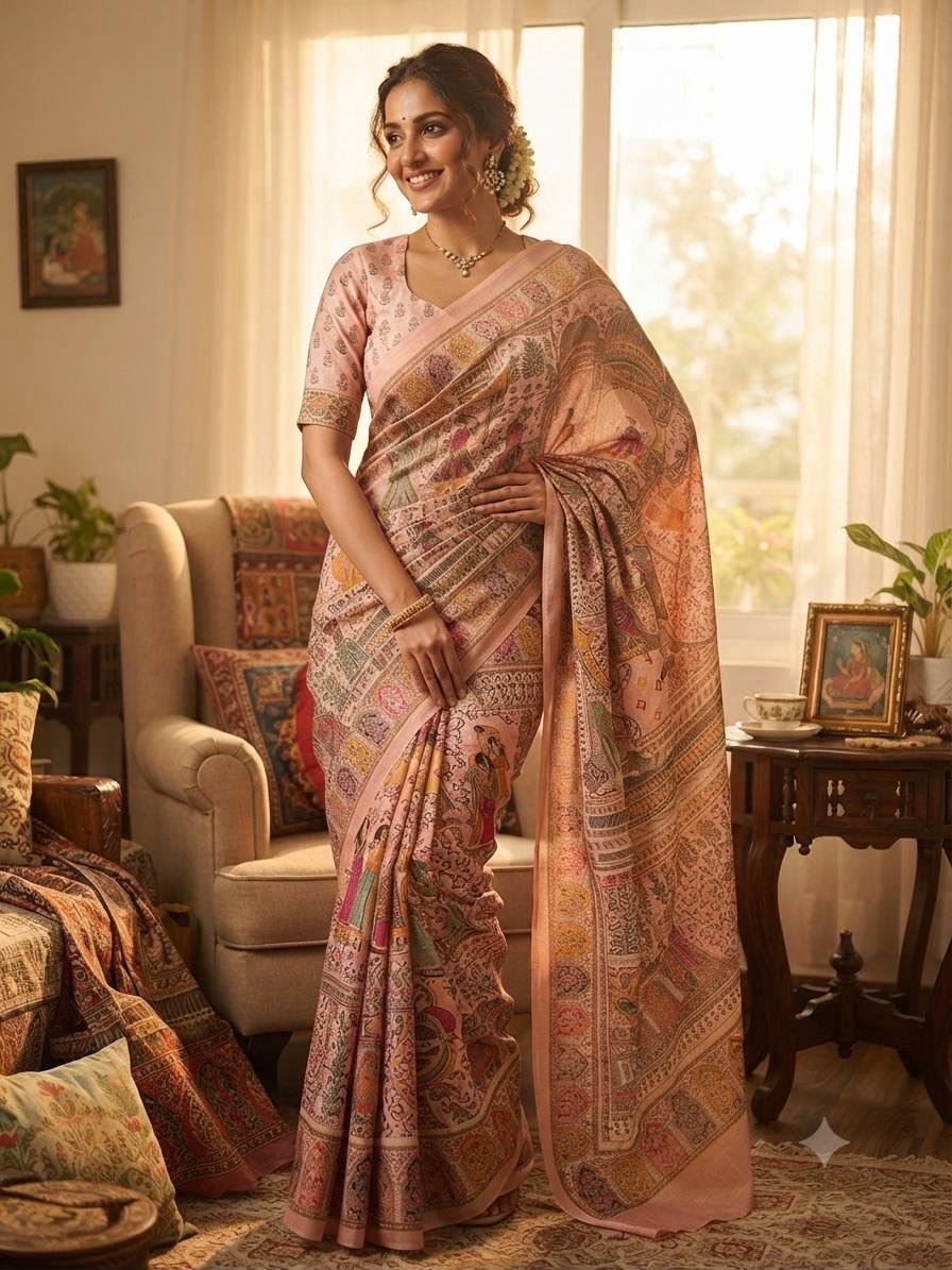 Premium Rajwadi Pashmina Silk Weaving Saree with Kashmiri Thread Woven Pallu &amp; Zari Border-PEACH