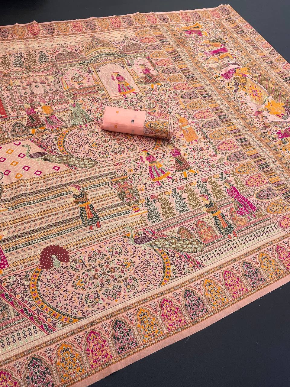 Royal Kashmiri Rajwadi Pashmina Weaving Silk Saree-PEACH