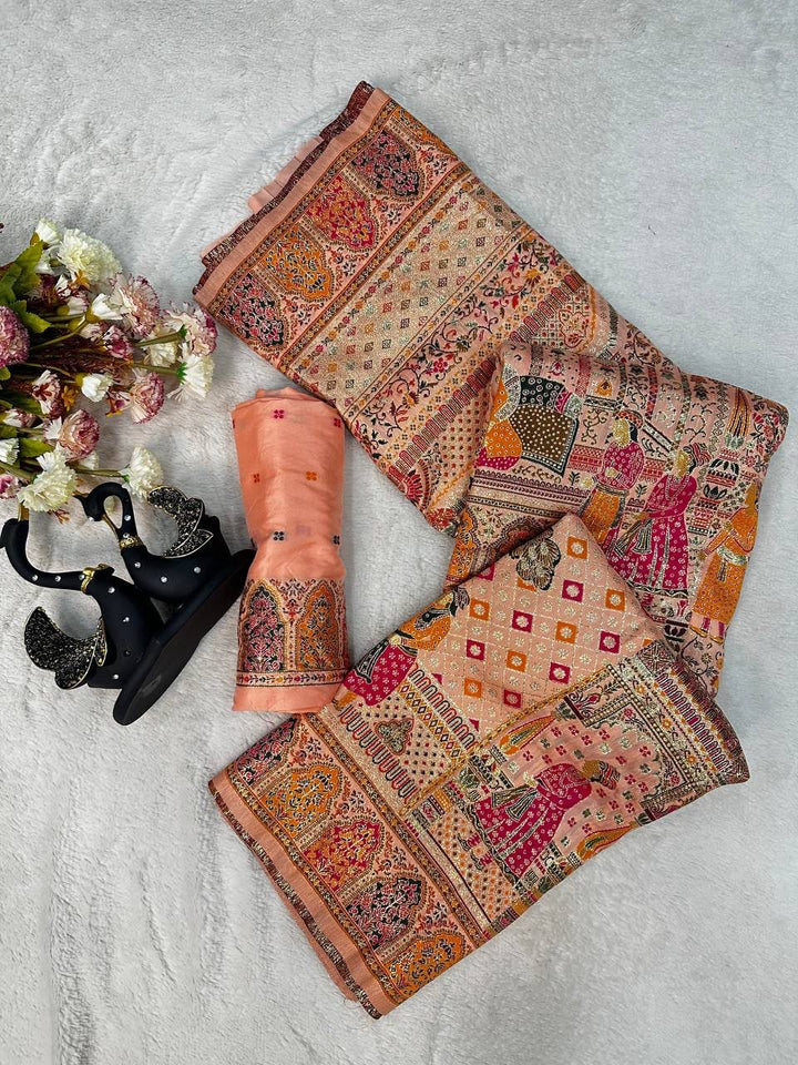 Royal Kashmiri Rajwadi Pashmina Weaving Silk Saree-PEACH
