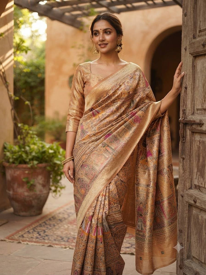 Premium Rajwadi Pashmina Silk Weaving Saree with Kashmiri Thread Woven Pallu &amp; Zari Border-YELLOW