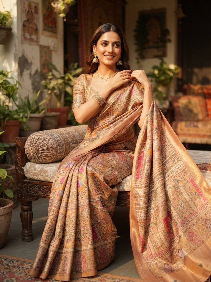 Premium Rajwadi Pashmina Silk Weaving Saree with Kashmiri Thread Woven Pallu &amp; Zari Border-YELLOW
