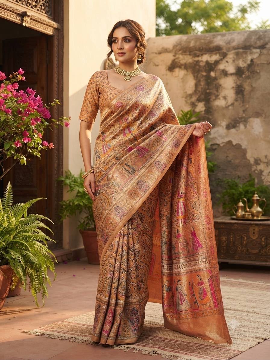 Premium Rajwadi Pashmina Silk Weaving Saree with Kashmiri Thread Woven Pallu &amp; Zari Border-YELLOW