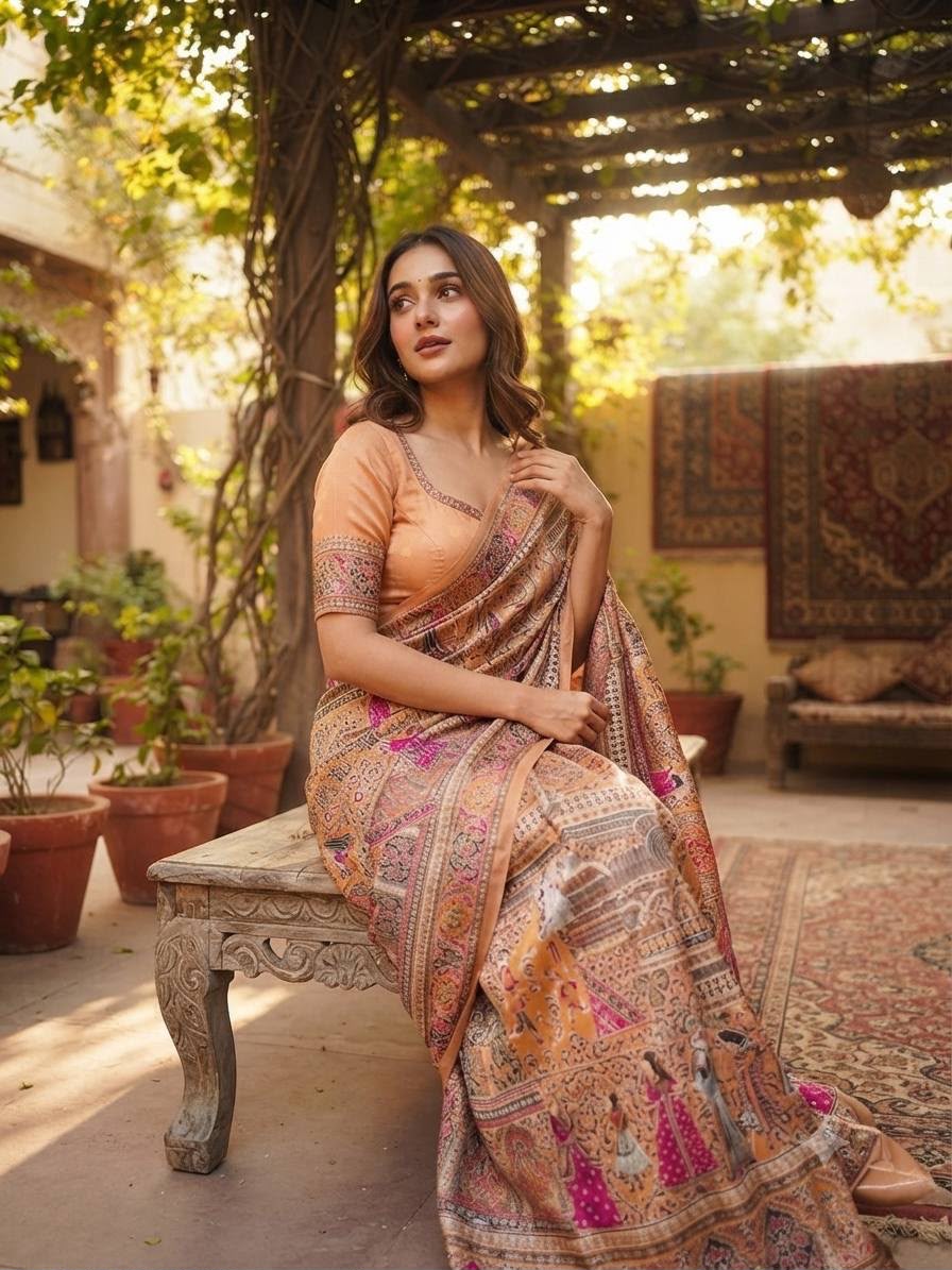 Premium Rajwadi Pashmina Silk Weaving Saree with Kashmiri Thread Woven Pallu &amp; Zari Border-YELLOW