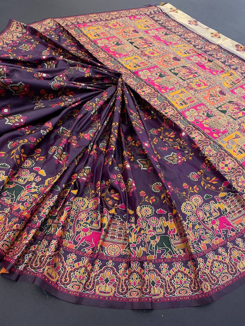 Pure Rajwadi Pashmina Silk Weaving Saree with Kashmiri Thread Woven Pallu _ WINE
