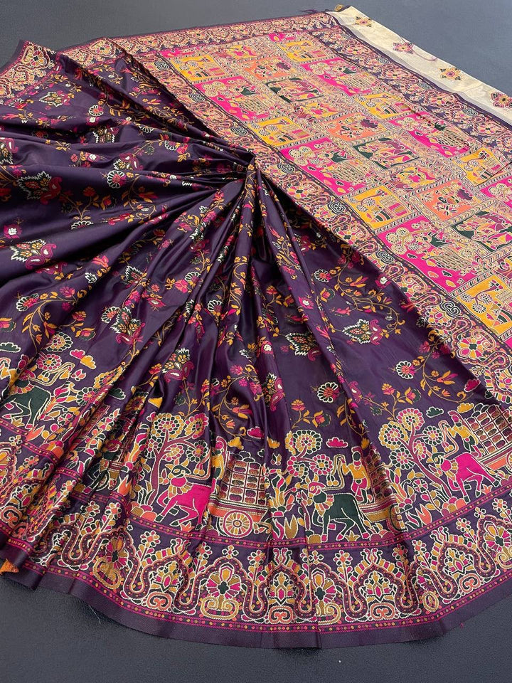 Pure Rajwadi Pashmina Silk Weaving Saree with Kashmiri Thread Woven Pallu _ WINE
