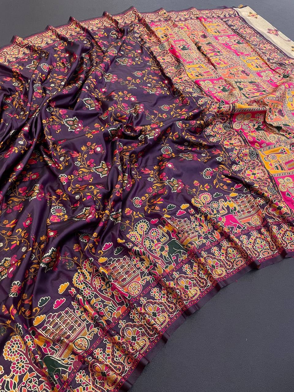 Pure Rajwadi Pashmina Silk Weaving Saree with Kashmiri Thread Woven Pallu _ WINE