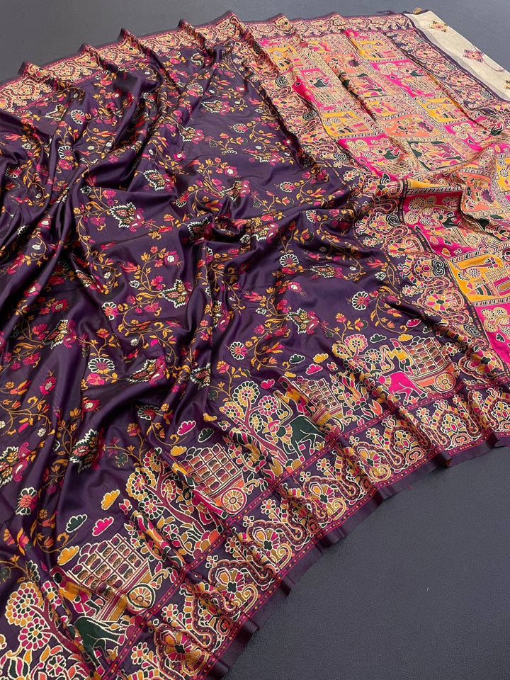 Pure Rajwadi Pashmina Silk Weaving Saree with Kashmiri Thread Woven Pallu _ WINE
