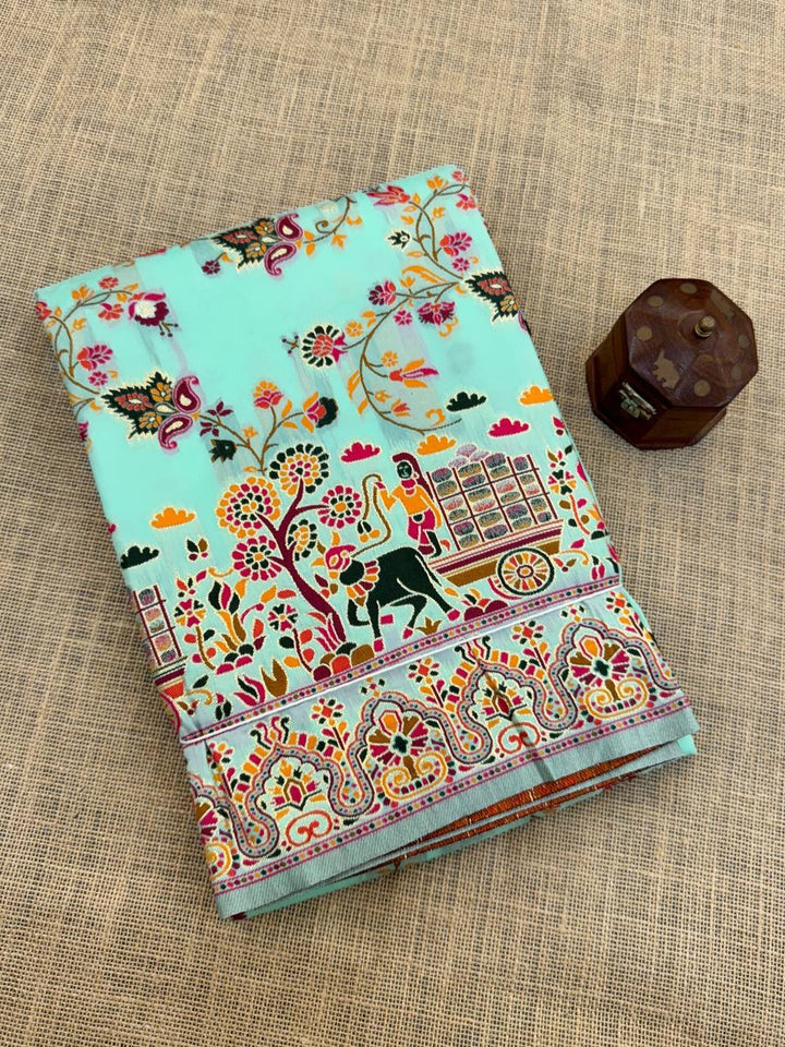 Pure Rajwadi Pashmina Silk Weaving Saree with Kashmiri Thread Woven Pallu _ SKY BLUE