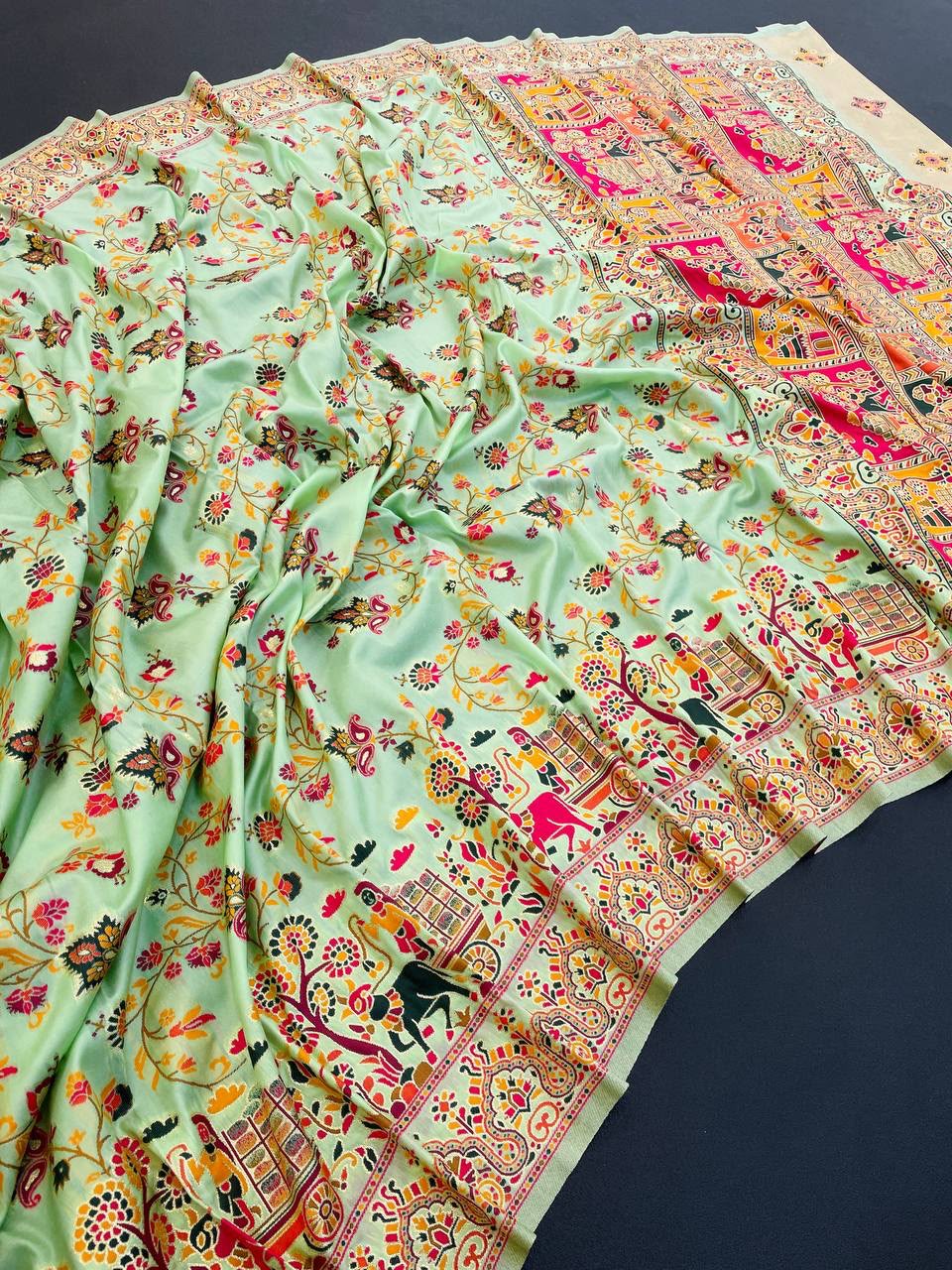 Pure Rajwadi Pashmina Silk Weaving Saree with Kashmiri Thread Woven Pallu _ PISTA