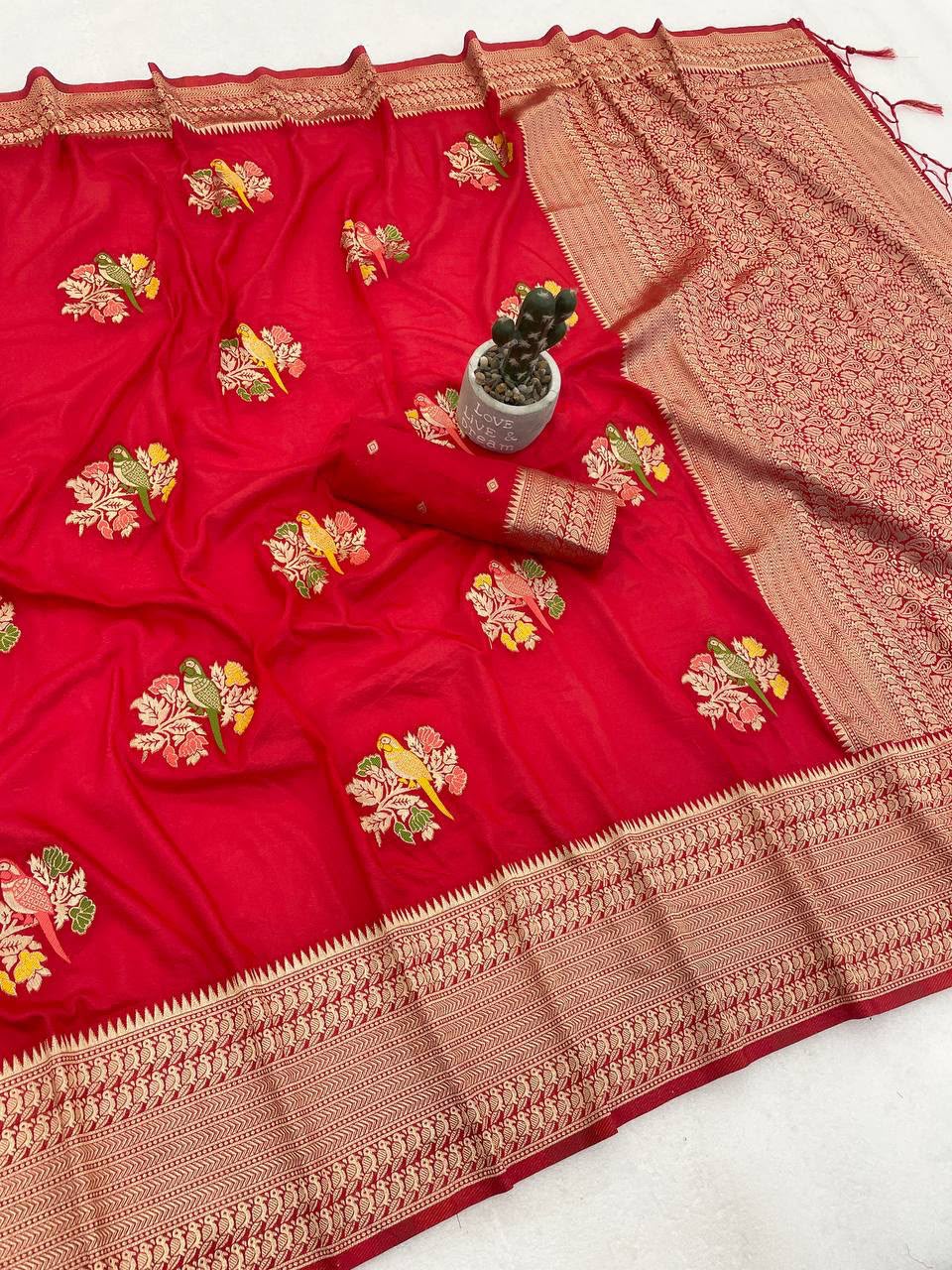 Pure Hand-Dyed Nylon Kadi Crepe Georgette Meenakari Jacquard Saree - RED