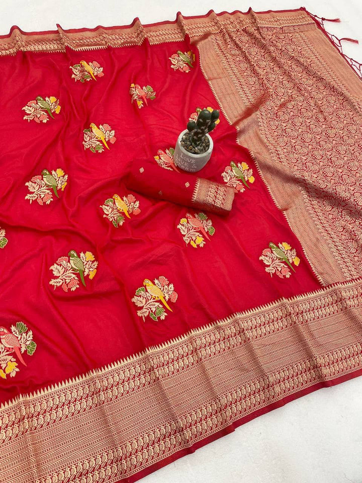 Pure Hand-Dyed Nylon Kadi Crepe Georgette Meenakari Jacquard Saree - RED