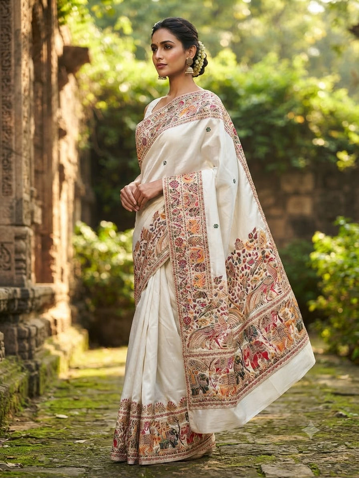 Pure Soft Rajwadi Pashmina Silk Saree with Kashmiri Woven Pallu &amp; Heavy Zari Border-white