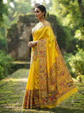 Pure Soft Rajwadi Pashmina Silk Saree with Kashmiri Woven Pallu & Heavy Zari Border-YELLOW
