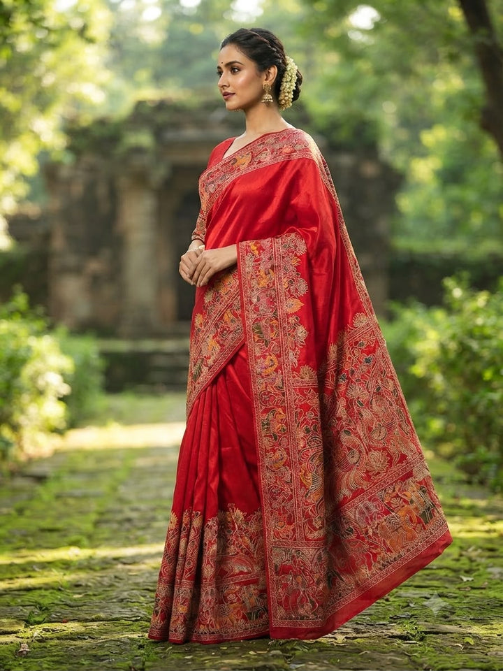 Pure Soft Rajwadi Pashmina Silk Saree with Kashmiri Woven Pallu &amp; Heavy Zari Border-RED