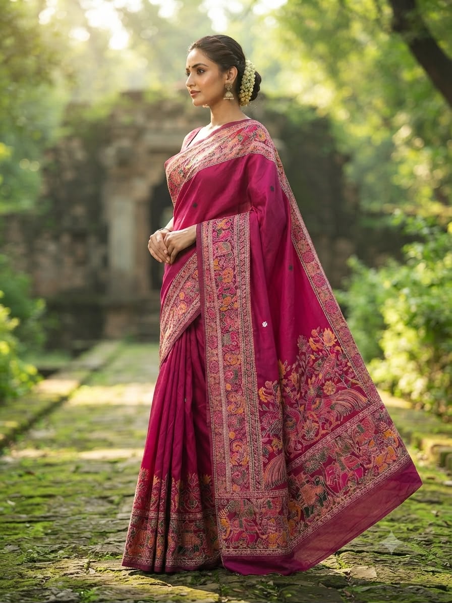 Pure Soft Rajwadi Pashmina Silk Saree with Kashmiri Woven Pallu &amp; Heavy Zari Border-PINK