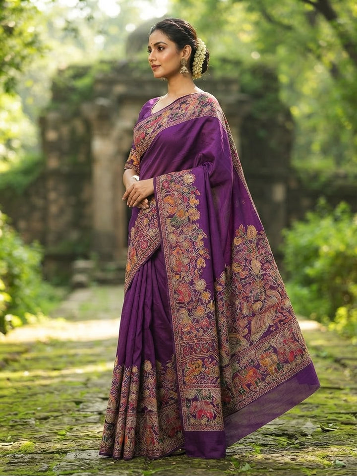 Pure Soft Rajwadi Pashmina Silk Saree with Kashmiri Woven Pallu &amp; Heavy Zari Border-PURPLE