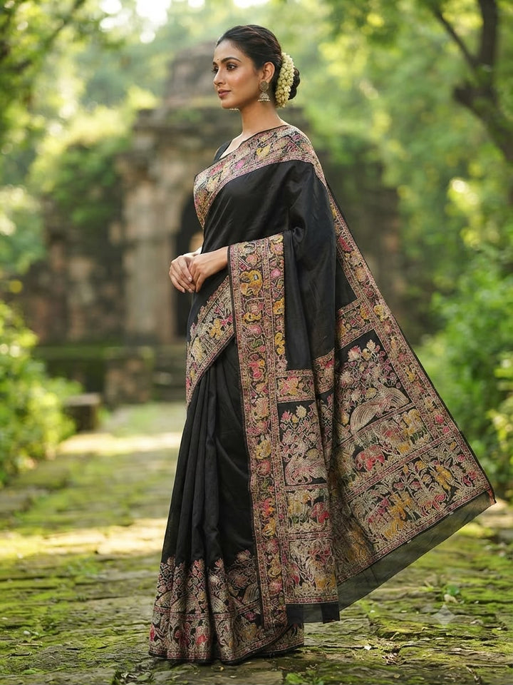 Pure Soft Rajwadi Pashmina Silk Saree with Kashmiri Woven Pallu &amp; Heavy Zari Border-BLACK