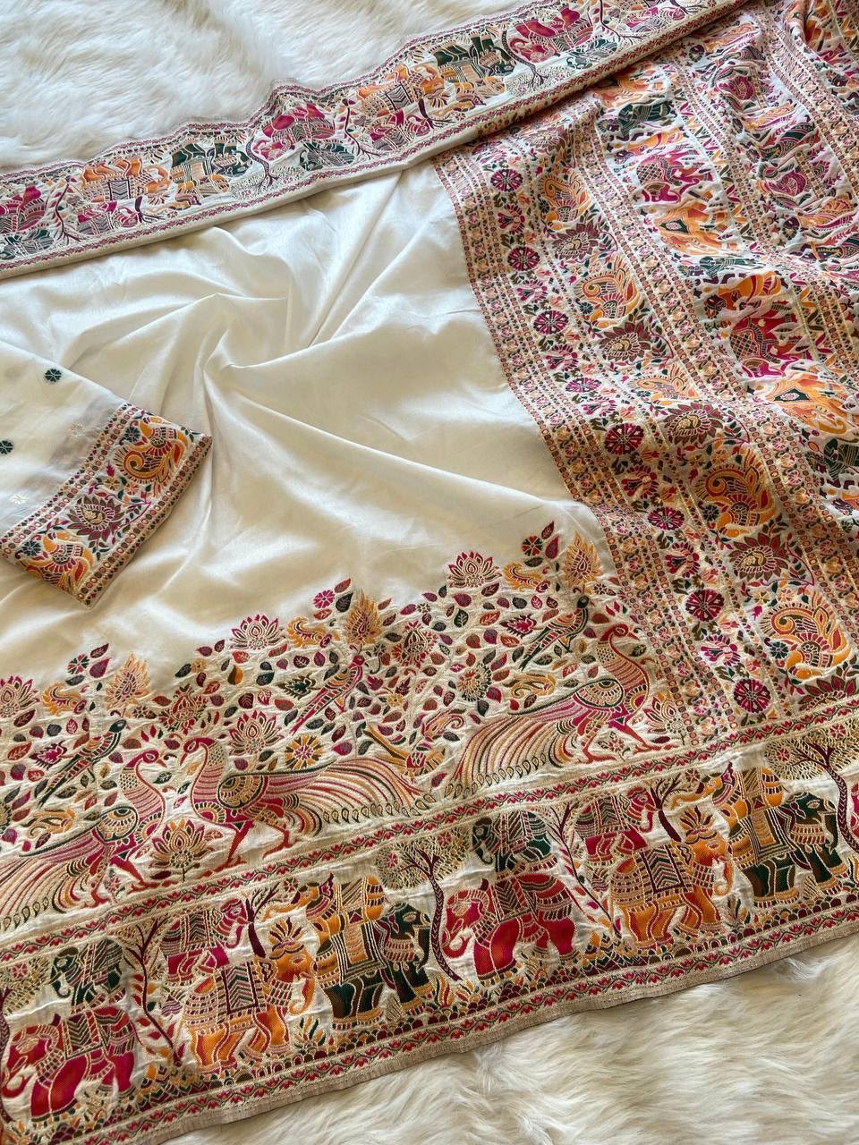 Pure Soft Rajwadi Pashmina Silk Saree with Kashmiri Woven Pallu &amp; Heavy Zari Border-white