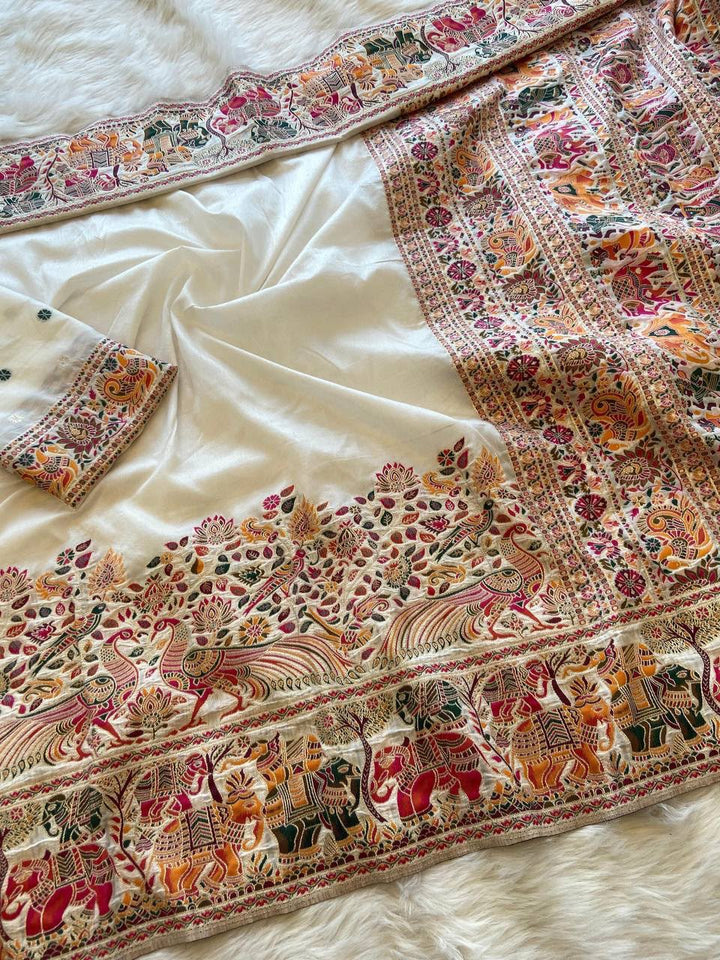 Pure Soft Rajwadi Pashmina Silk Saree with Kashmiri Woven Pallu &amp; Heavy Zari Border-white