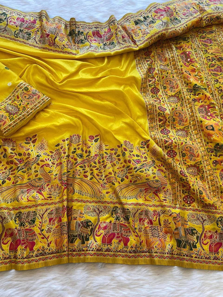 Pure Soft Rajwadi Pashmina Silk Saree with Kashmiri Woven Pallu &amp; Heavy Zari Border-YELLOW