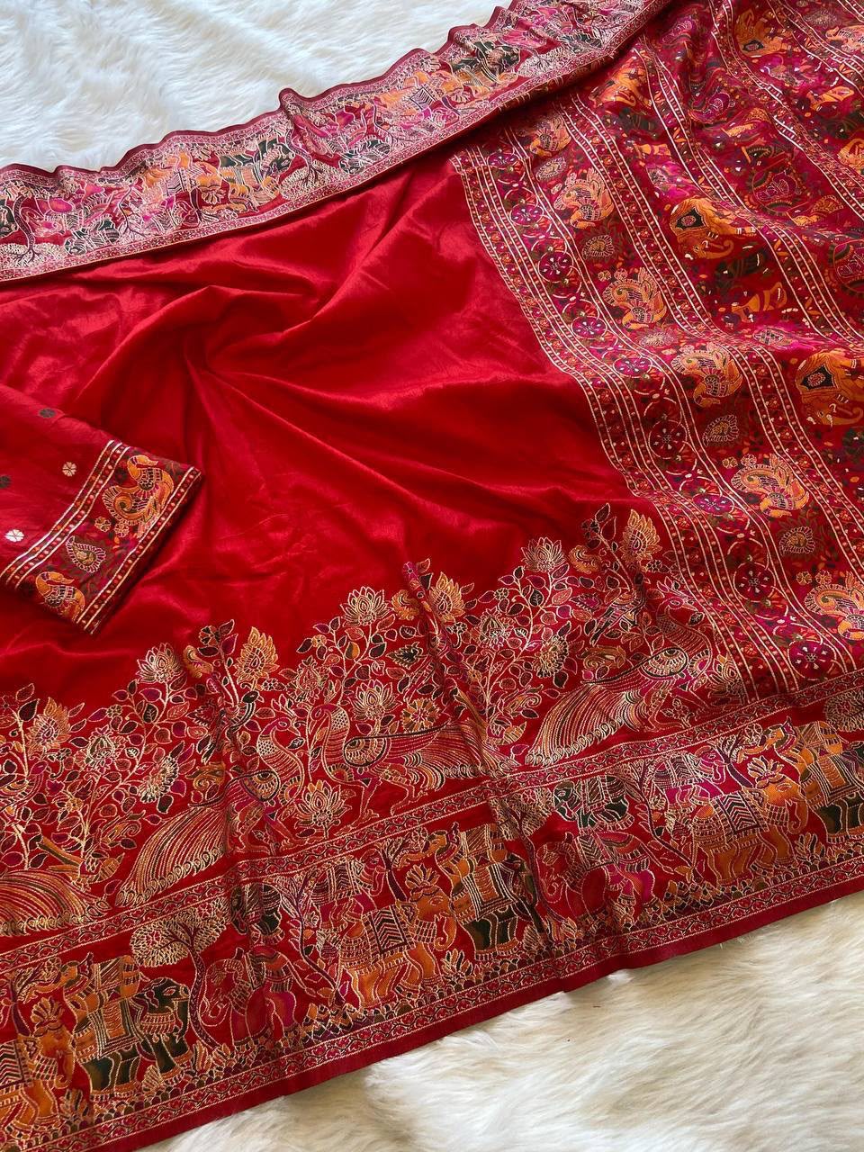 Pure Soft Rajwadi Pashmina Silk Saree with Kashmiri Woven Pallu &amp; Heavy Zari Border-RED