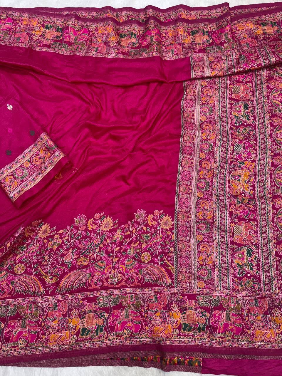 Pure Soft Rajwadi Pashmina Silk Saree with Kashmiri Woven Pallu &amp; Heavy Zari Border-PINK