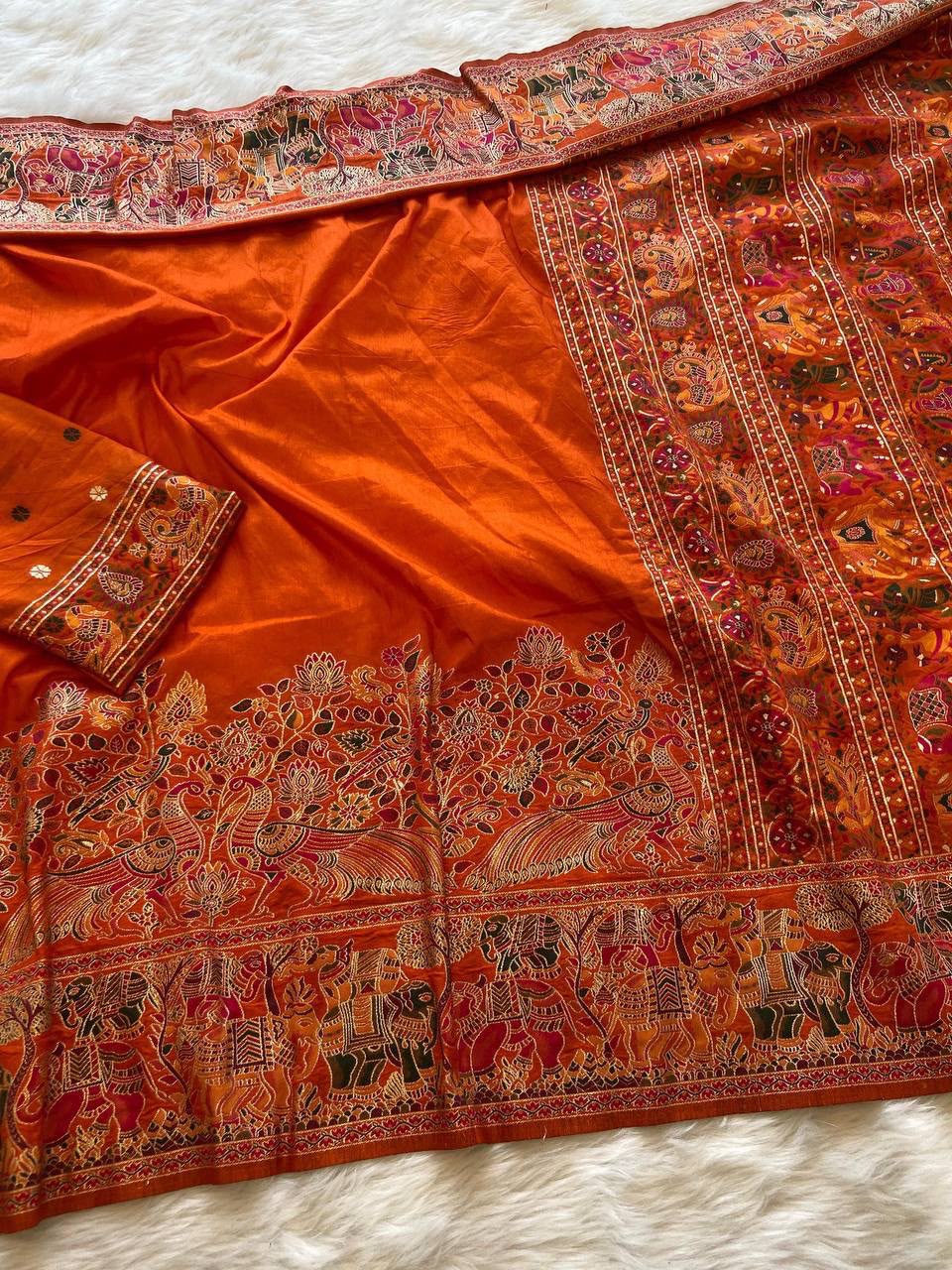 Pure Soft Rajwadi Pashmina Silk Saree with Kashmiri Woven Pallu &amp; Heavy Zari Border-ORANGE