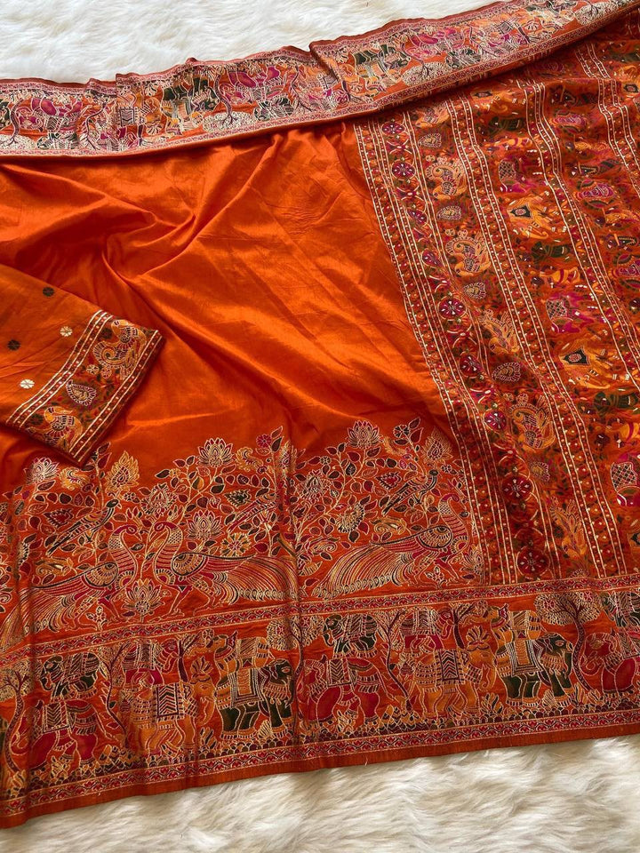 Pure Soft Rajwadi Pashmina Silk Saree with Kashmiri Woven Pallu &amp; Heavy Zari Border-ORANGE