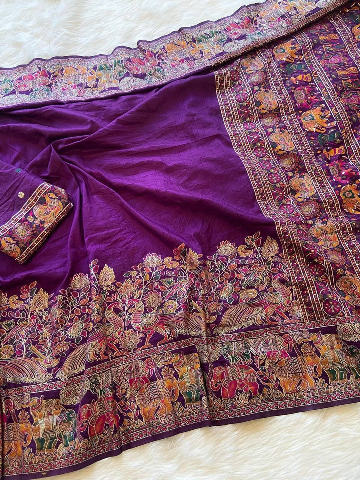 Pure Soft Rajwadi Pashmina Silk Saree with Kashmiri Woven Pallu &amp; Heavy Zari Border-PURPLE
