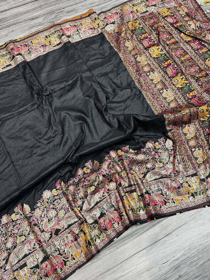 Pure Soft Rajwadi Pashmina Silk Saree with Kashmiri Woven Pallu &amp; Heavy Zari Border-BLACK