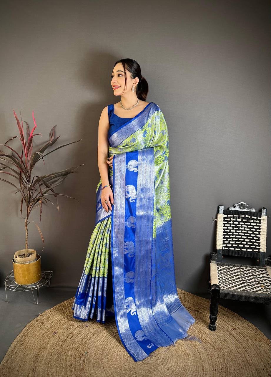 Pure Kanjivaram Silk Saree with Contrast Border &amp; Rich Silver Zari Woven Pallu | Handloom Weaving | Running Work Blouse-PISTA