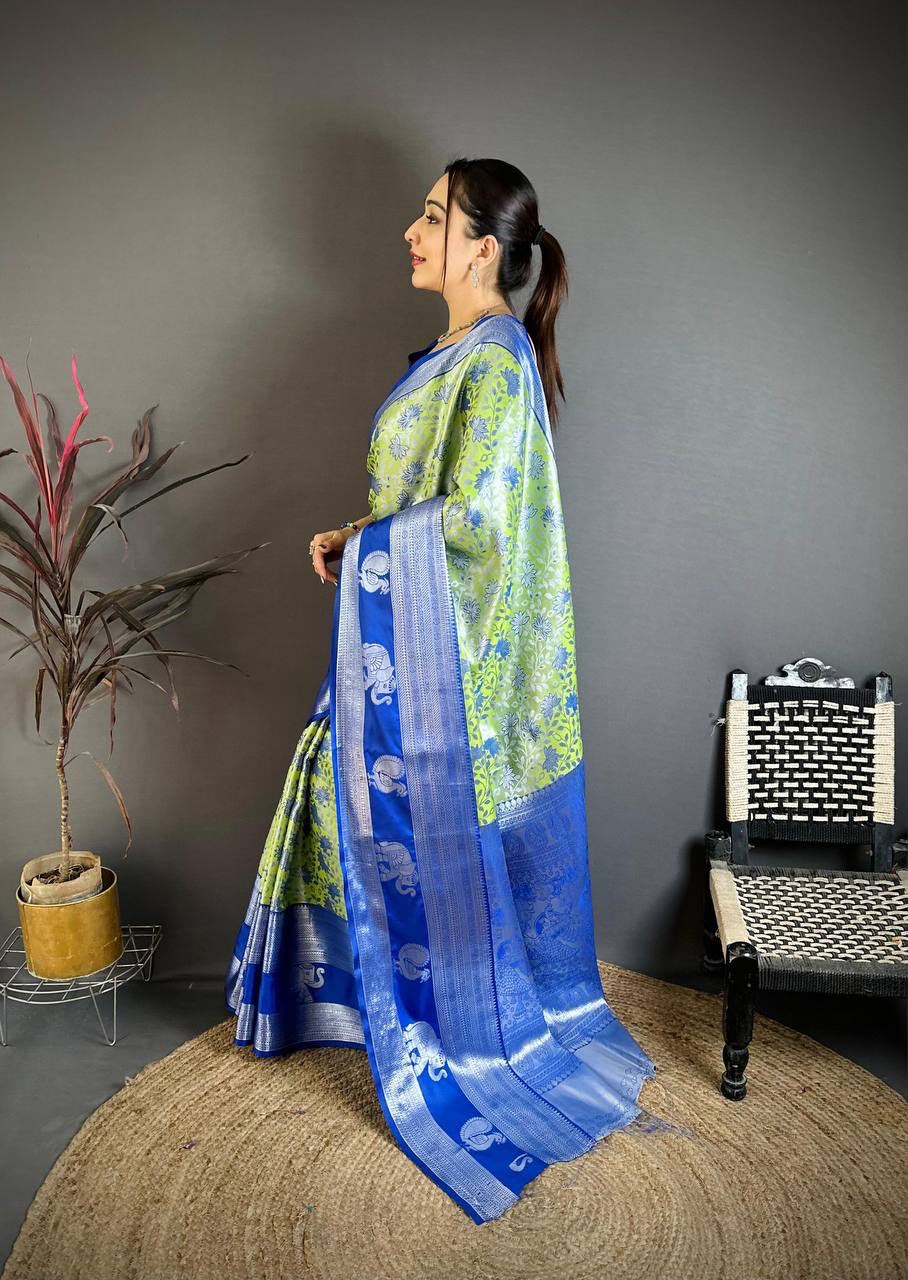 Pure Kanjivaram Silk Saree with Contrast Border &amp; Rich Silver Zari Woven Pallu | Handloom Weaving | Running Work Blouse-PISTA